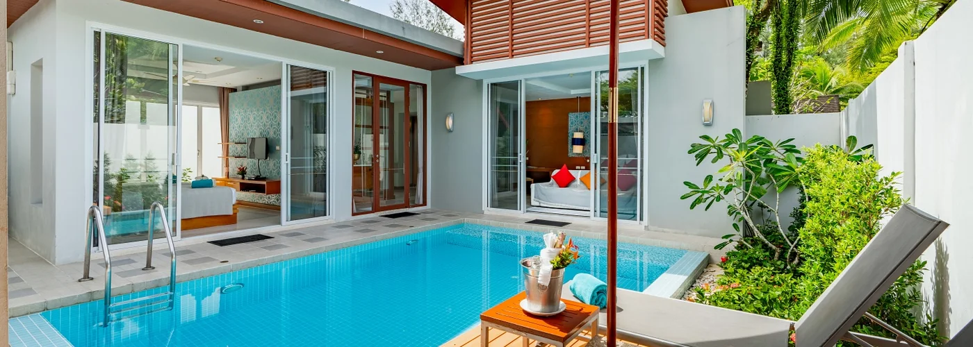 Bedroom and private pool at an Apsara Family Pool Villa